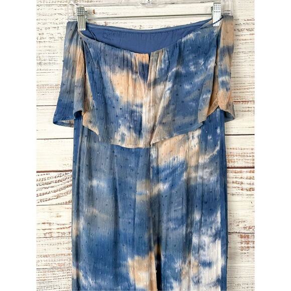 Blue Blush Women's Wide Slit Leg Opening Strapless Jumpsuit Tan Blue Medium - Picture 6 of 10